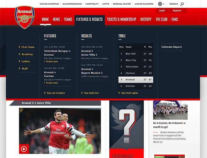 Use of the navigation on the Arsenal website